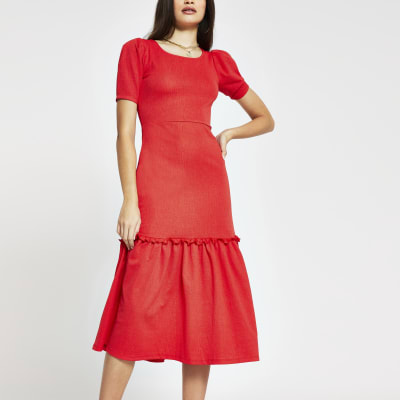 Red puff sleeve Smock Midi dress | River Island