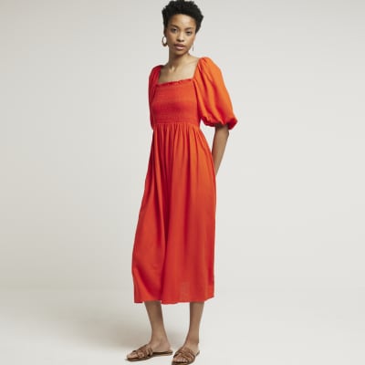 Red puff sleeve smock midi dress | River Island