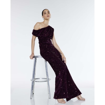 Red Pull On Velvet Sequin Trousers