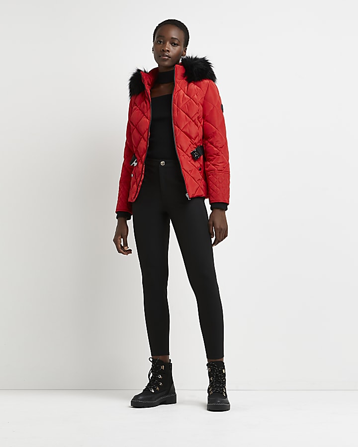 Red quilted belted puffer coat