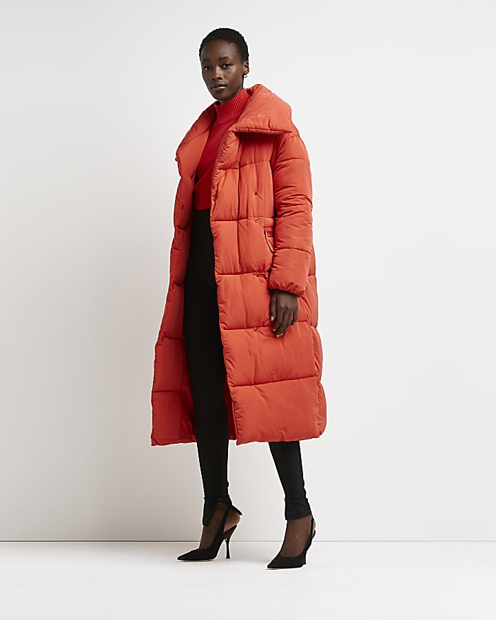 Red quilted puffer coat