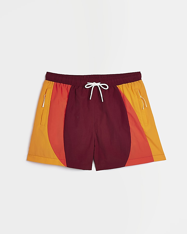 Red regular fit colour block swim shorts