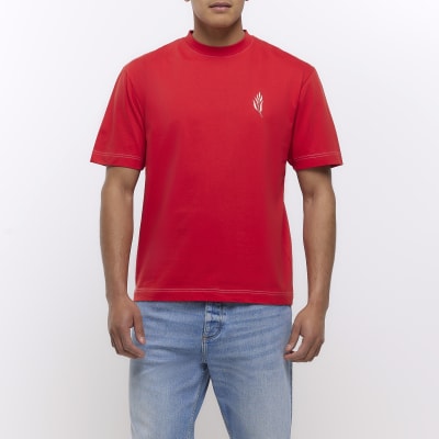 Red regular fit embroidered t-shirt