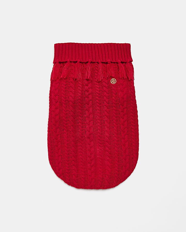 Red RI dog cable knit tassel jumper