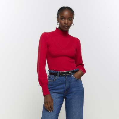 Red rib high neck long sleeve top