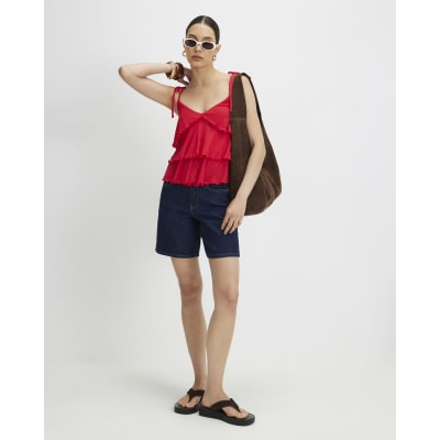 Red Rib Ruffle Cami Top