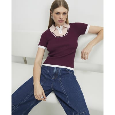 Red Ribbed Short Sleeve Layered Polo Shirt