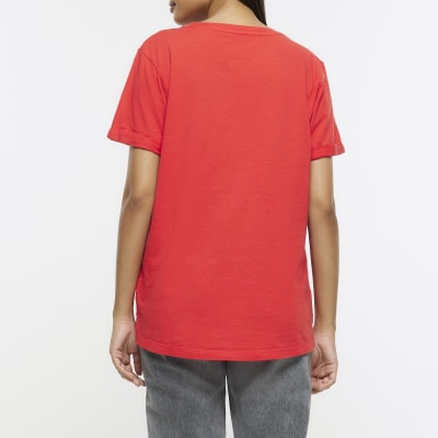 Red rolled sleeve t-shirt | River Island