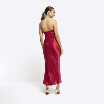 Red Ruched Bandeau Slip Midi Dress River Island 1961