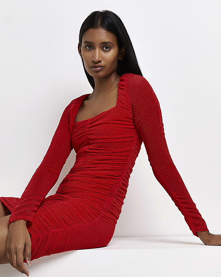 Red ruched bodycon dress