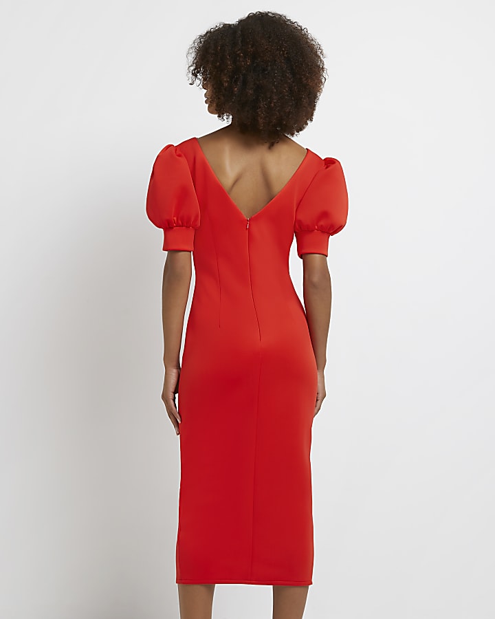 Red ruched bodycon midi dress