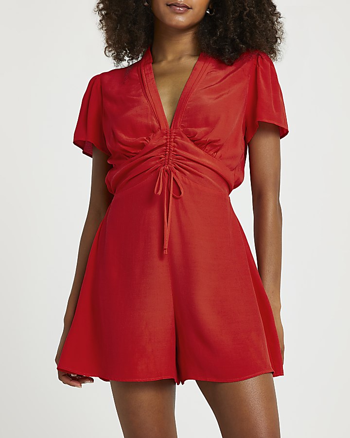 Red ruched front playsuit