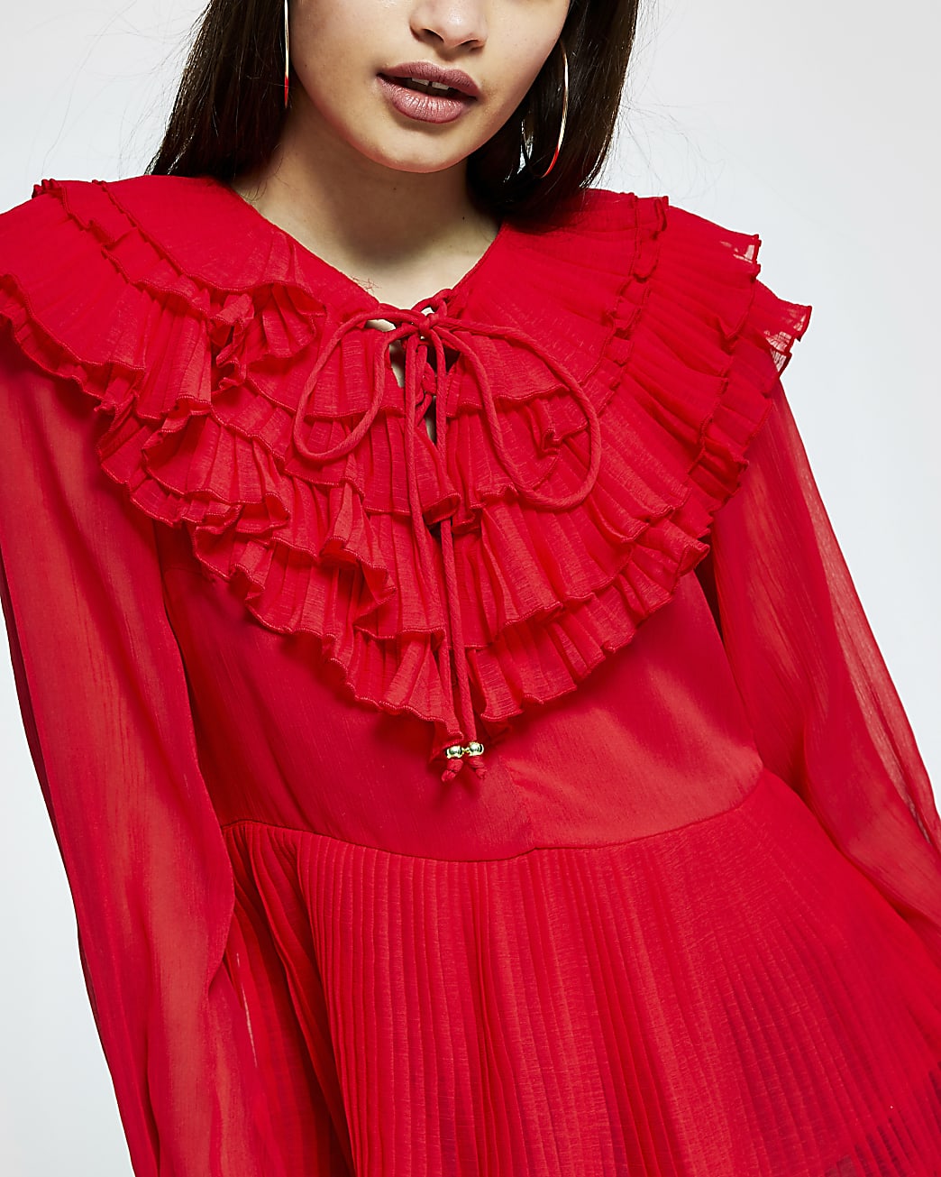 Red ruffle pleated blouse