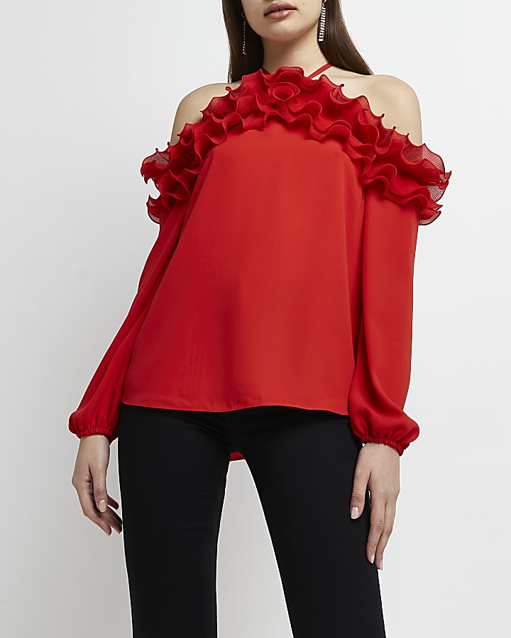 Cold Shoulder Ruffle Shirt Red