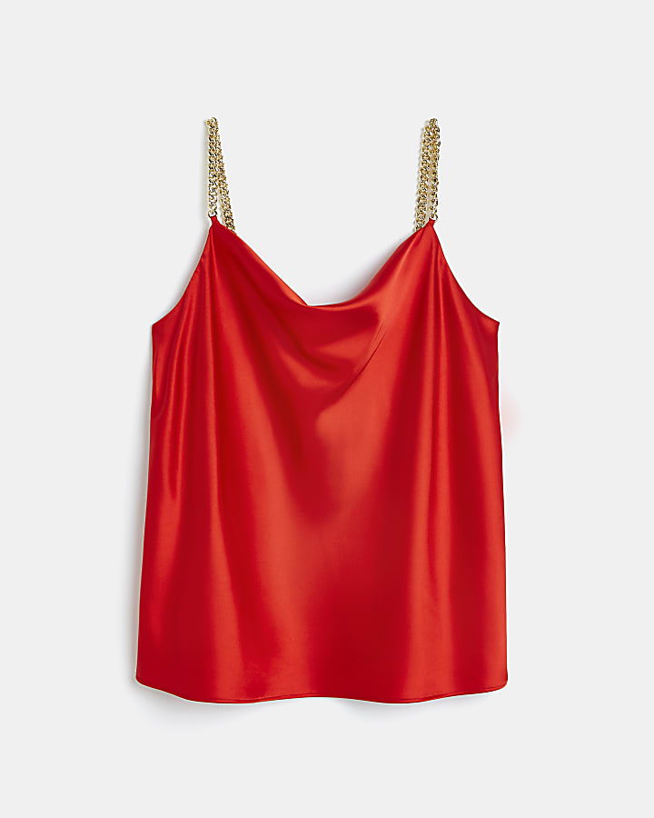 Red satin chain straps cami top