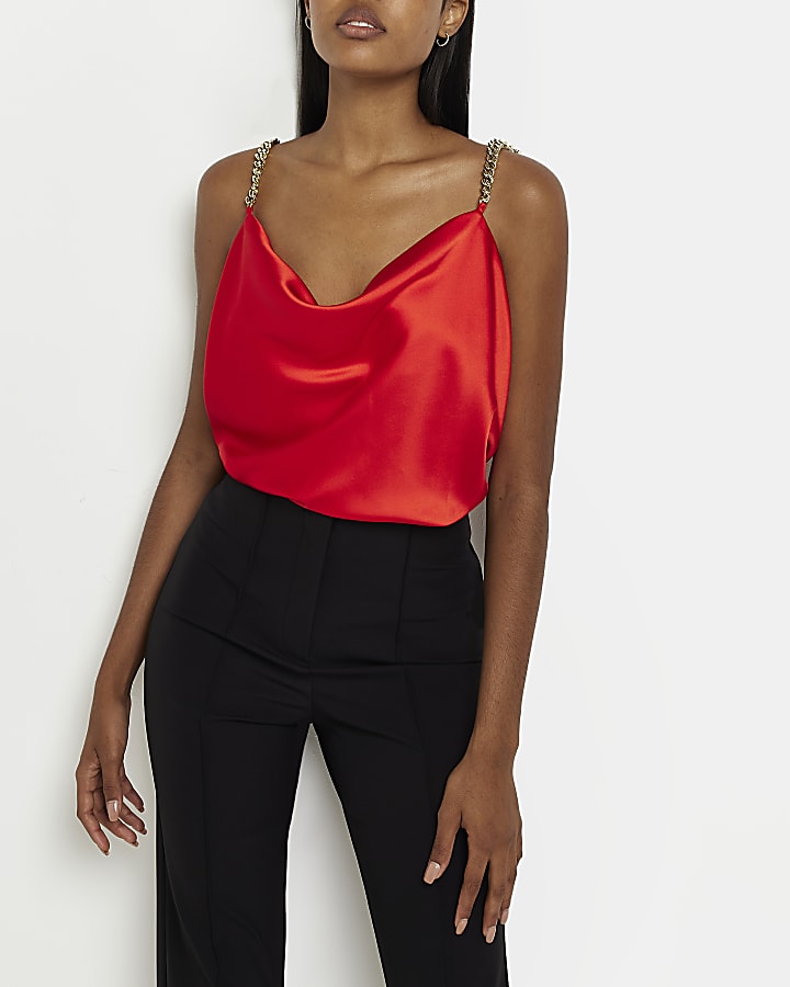 Red satin chain straps cami top