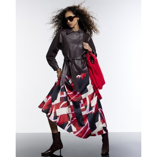 River Island Red Satin Colour Block Asymmetric Midi Skirt