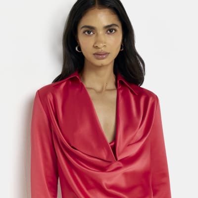 Red satin cowl neck mini dress
