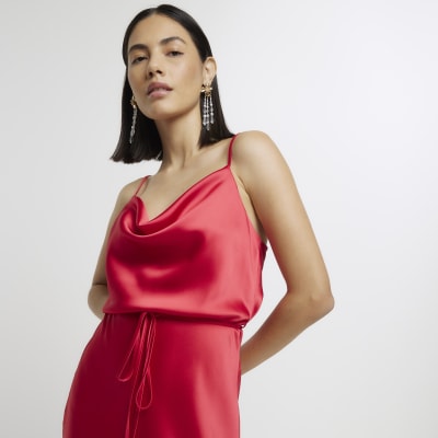 Red satin cowl neck slip midi dress