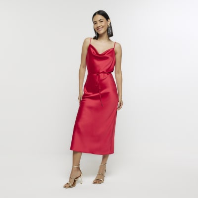 Red silk cowl hot sale neck dress