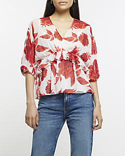 Red satin floral blouse