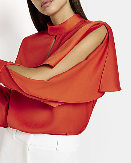 Red satin frill long sleeves blouse