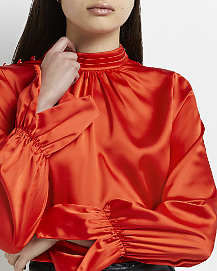 Red satin high neck blouse