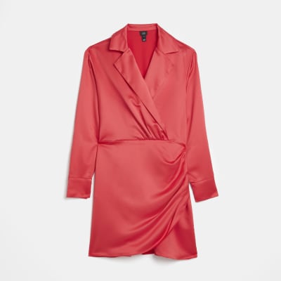 Red satin long sleeve mini blazer dress