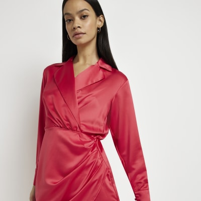Red satin long sleeve mini blazer dress