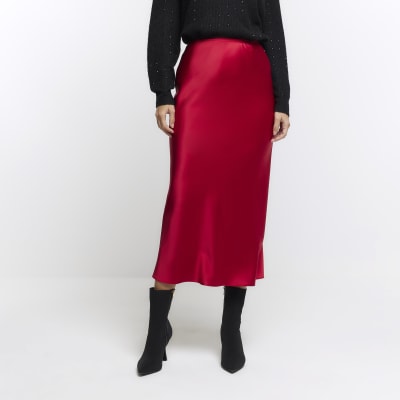 LONG SATIN SKIRT - Red