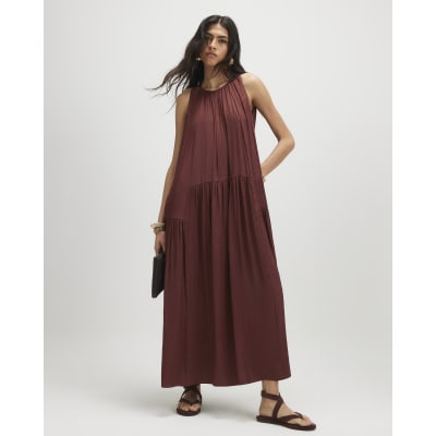 Red Satin Sleeveless Halter Neck Midi Dress | River Island