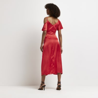 Red satin wrap midi dress