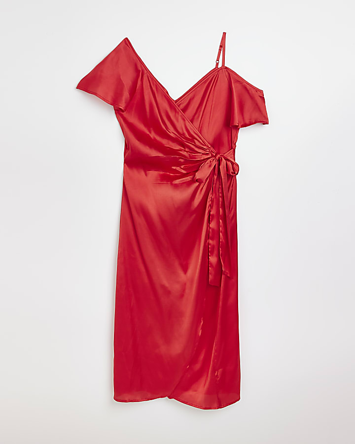 Red satin wrap midi dress