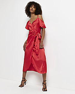 Red satin wrap midi dress