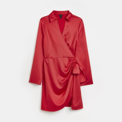 Red satin wrap mini dress | River Island