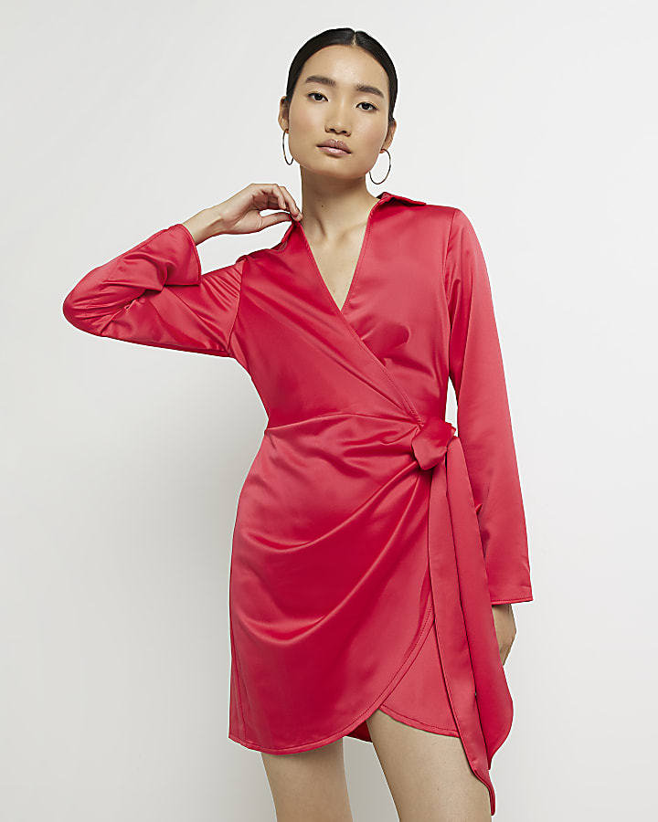 Red satin wrap mini dress