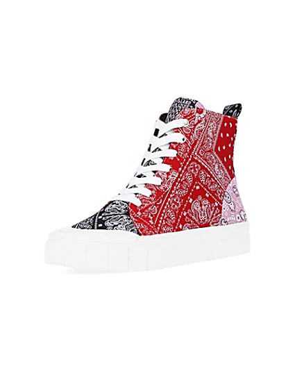 360 degree animation of product Red scarf print high top trainers frame-0