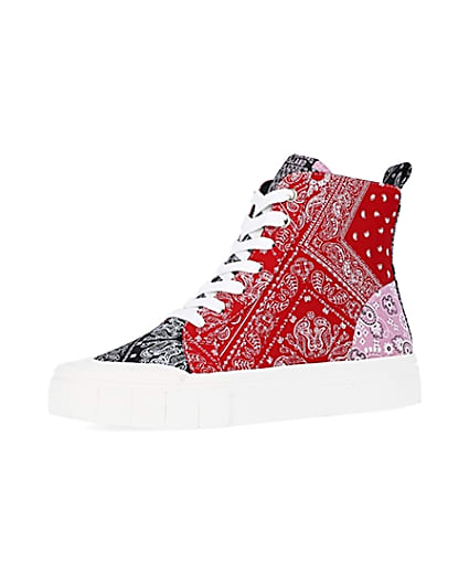 360 degree animation of product Red scarf print high top trainers frame-1
