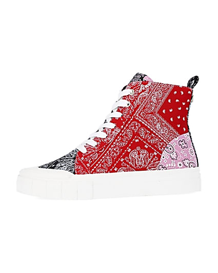 360 degree animation of product Red scarf print high top trainers frame-2