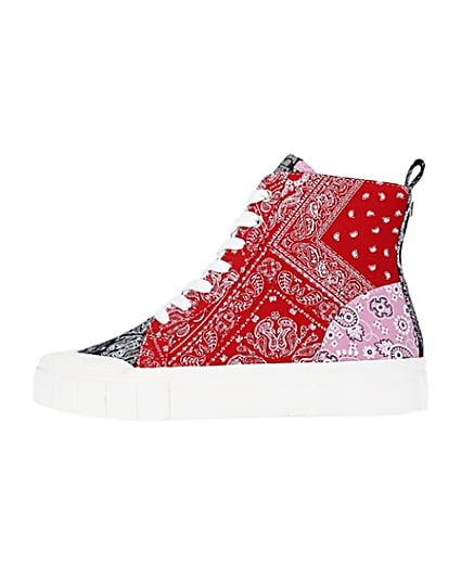 360 degree animation of product Red scarf print high top trainers frame-3