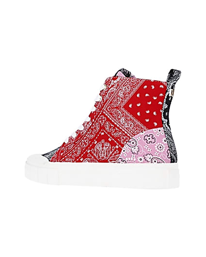 360 degree animation of product Red scarf print high top trainers frame-5