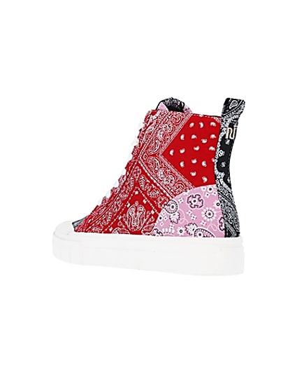 360 degree animation of product Red scarf print high top trainers frame-6