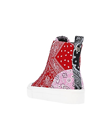 360 degree animation of product Red scarf print high top trainers frame-7