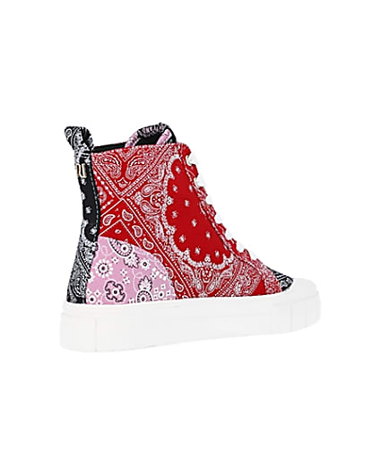 360 degree animation of product Red scarf print high top trainers frame-12