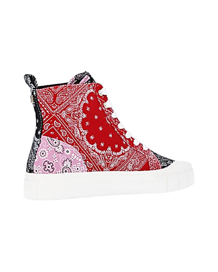 360 degree animation of product Red scarf print high top trainers frame-13