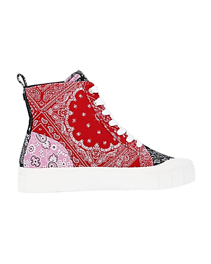 360 degree animation of product Red scarf print high top trainers frame-14