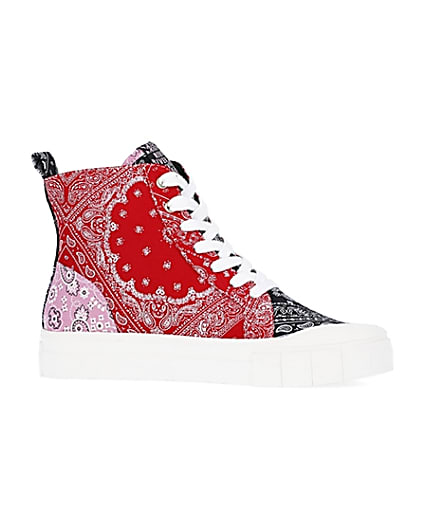 360 degree animation of product Red scarf print high top trainers frame-16
