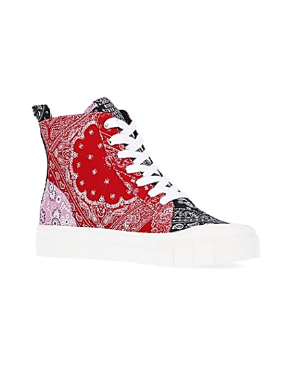 360 degree animation of product Red scarf print high top trainers frame-17