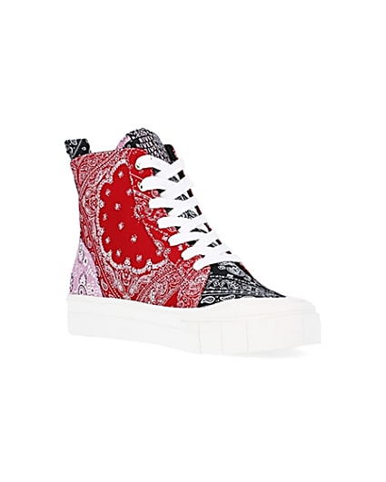 360 degree animation of product Red scarf print high top trainers frame-18