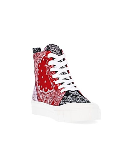 360 degree animation of product Red scarf print high top trainers frame-19